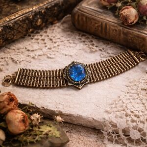 Antique Victorian Book Chain Bracelet Blue Glass Cabochon Wide Link